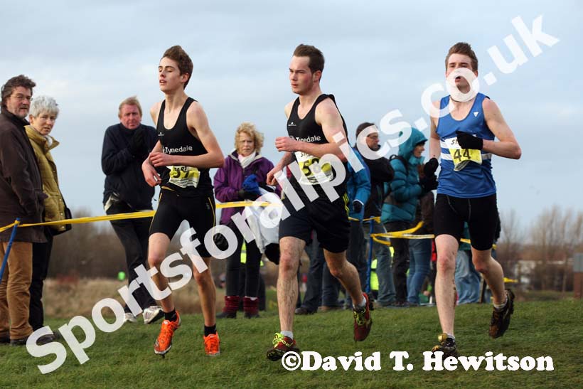 From left tor right: 59 Fergus Robinson, 58 Alistair Maxwell (both Tynedale) and Phillip Winkler (Morpeth) under-17 men North Eastern Cross Country, Champs., Temple Park, South Shields. Photo: David T. Hewitson/Sports for All Pics